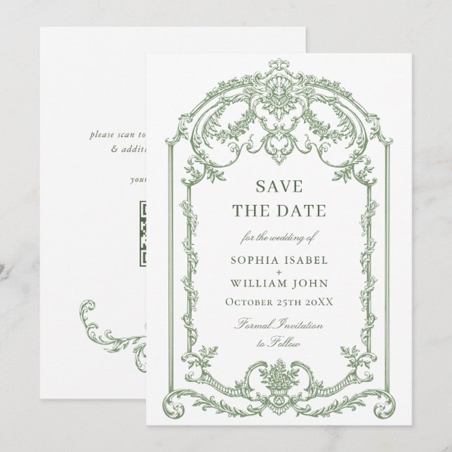 Viktorianische Verzierte Grace Floral Sage Grüne H Save The Date (Vorne/Hinten)