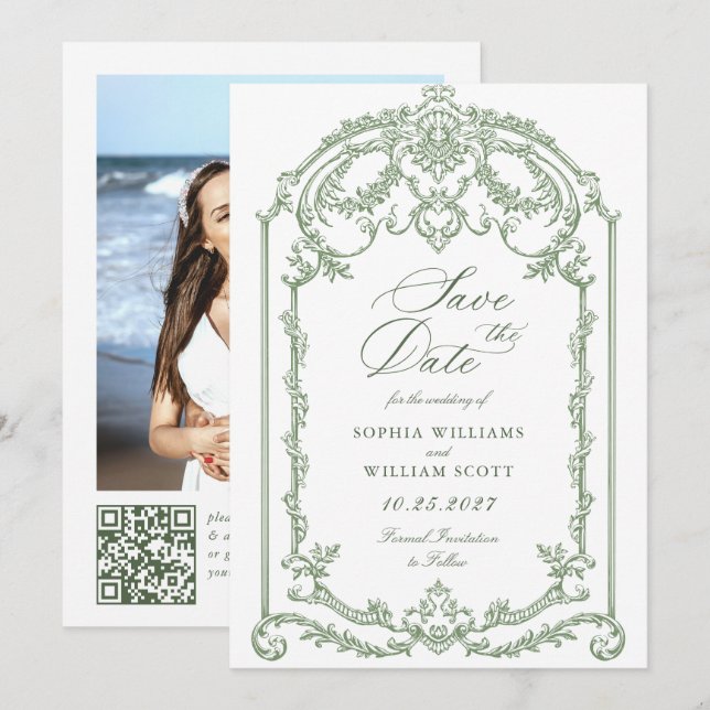 Viktorianische Verzierte Grace Floral Sage Grüne H Save The Date (Vorne/Hinten)