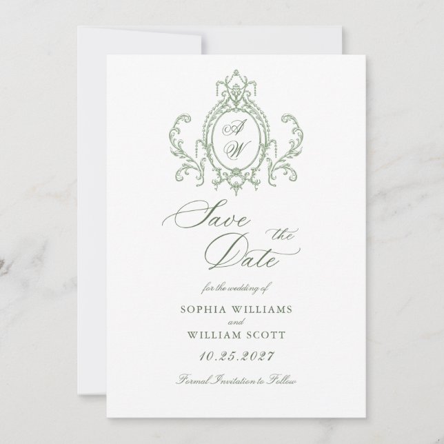Viktorianische Verzierte Grace Floral Sage Grüne H Save The Date (Vorderseite)