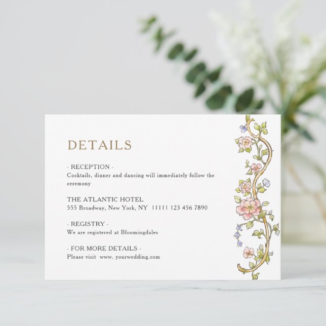 Viktorianische Verzierte Grace Floral Wedding Deta Begleitkarte (Stehend Vorderseite)