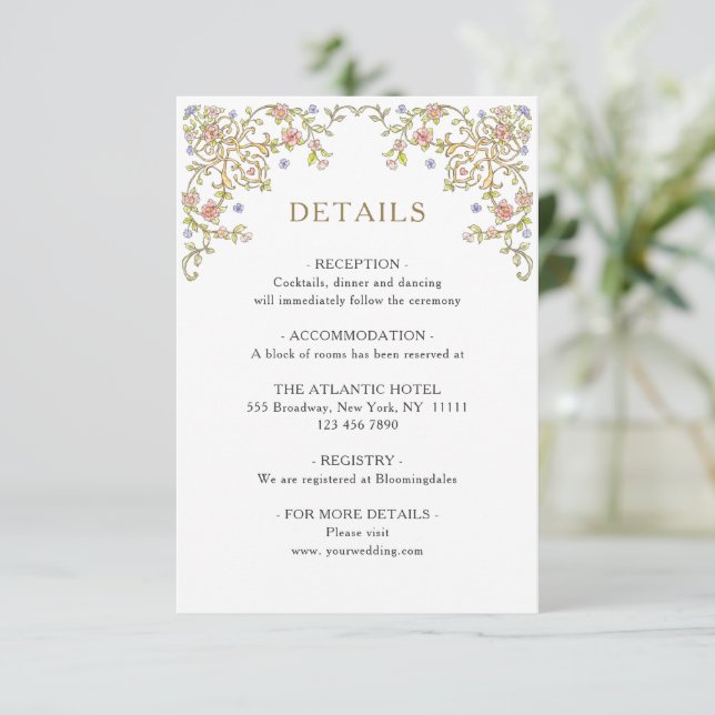 Viktorianische Verzierte Grace Floral Wedding Deta Begleitkarte (Stehend Vorderseite)