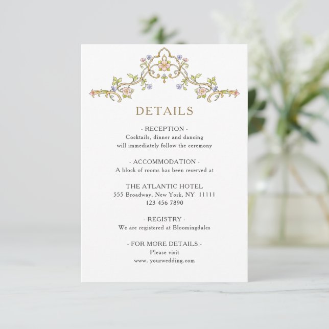 Viktorianische Verzierte Grace Floral Wedding Deta Begleitkarte (Stehend Vorderseite)