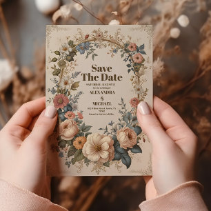 Viktorianische Vintage-Garten-Blumenhochzeit Save The Date