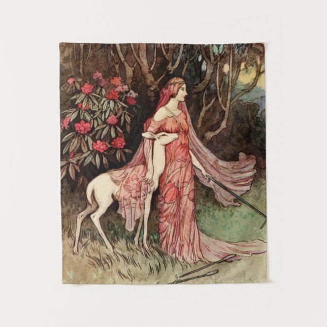 Viktorianische Wasserfarbe der Frau mit Hirsch Wandteppich (Vorderseite)