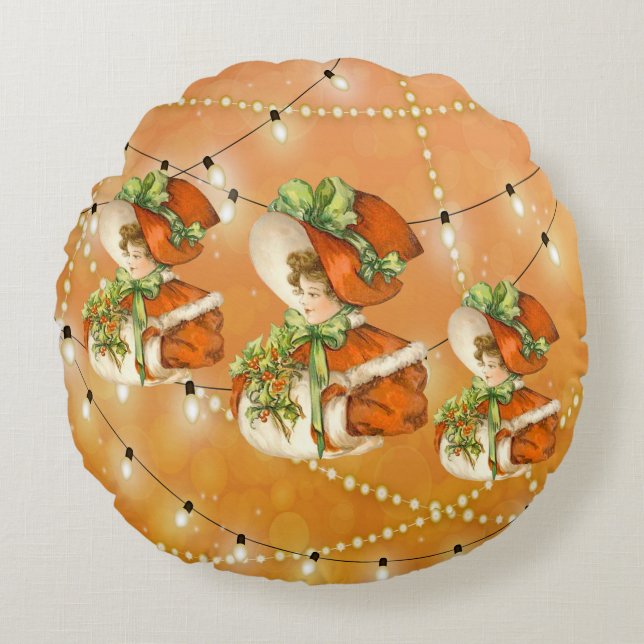 Viktorianische WeihnachtenLady Orange Hintergrund  Rundes Kissen (Vorderseite)