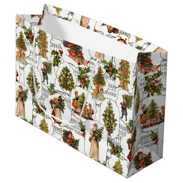 Viktorianische Weihnachtsbäume, Holly & Music Große Geschenktüte (Vorderseite Schrägansicht)