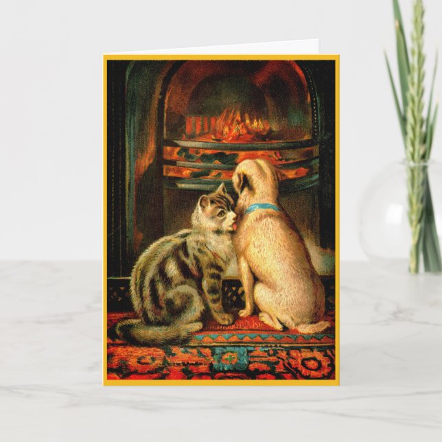Viktorianische Weihnachtskarte Freundlicher Hund & Karte (Vorderseite)