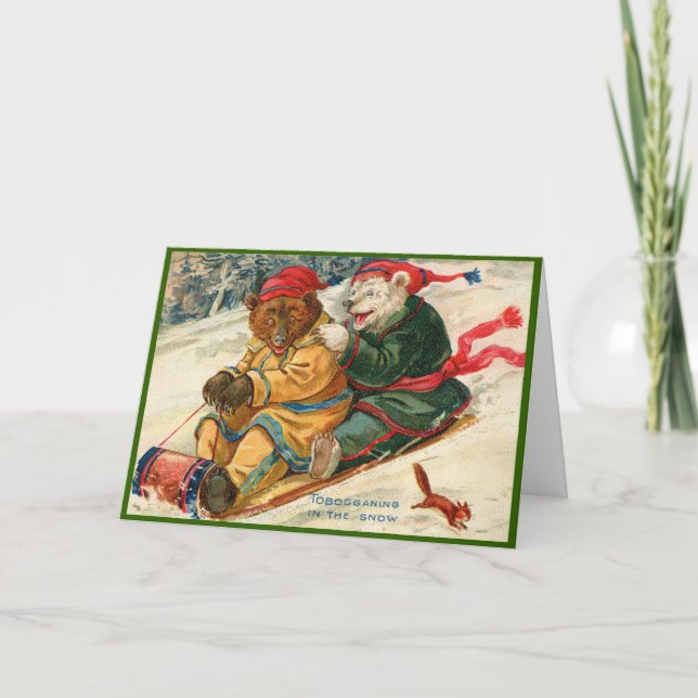 Viktorianische Weihnachtskarte Rodelbären im Schne Karte (Vorderseite)