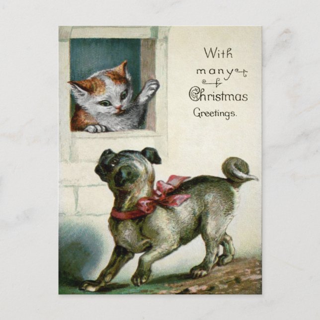 Viktorianische Weihnachtskatze und Hund Postkarte (Vorderseite)