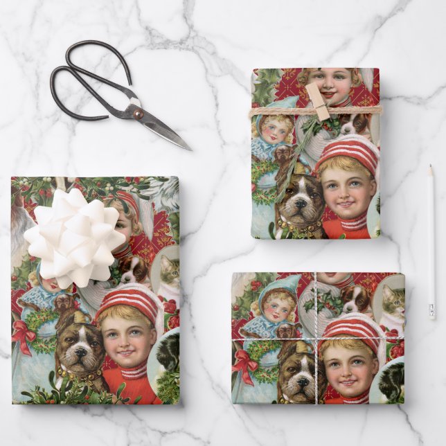 Viktorianische Weihnachtskatzen und Hunde-Brustkol Geschenkpapier Set (Vorderseite)