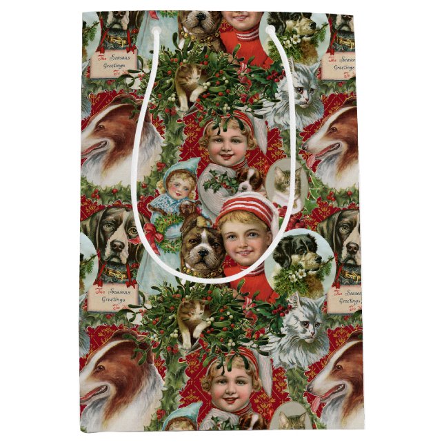 Viktorianische Weihnachtskatzen und Hunde-Brustkol Mittlere Geschenktüte (Vorderseite)
