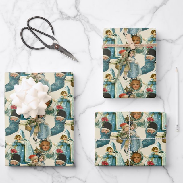 Viktorianische Weihnachtskinder  Geschenkpapier Set (Vorderseite)