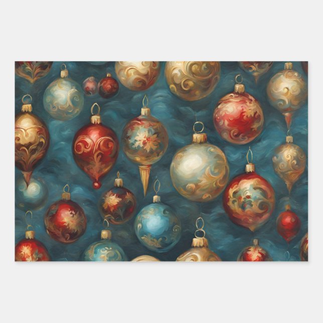 Viktorianische Weihnachtsschmuckstücke auf dem Rot Geschenkpapier Set (Vorderseite)