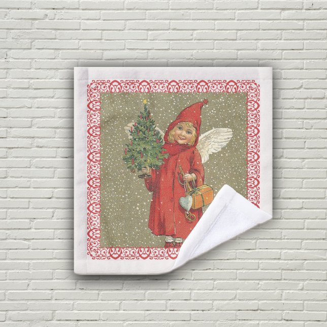 Viktorianischer Angel Red Cape Weihnachtsschnee Waschlappen (Little Victorian angel red cape, Christmas tree in red frame on tan with snowflakes on wash cloth.)