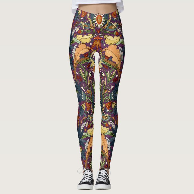 Viktorianischer Damast lila Leggings (Vorderseite)
