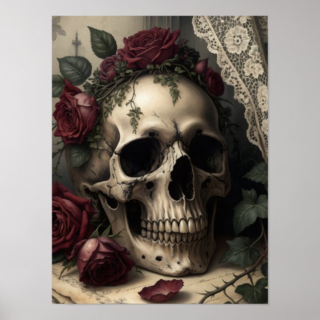 Viktorianischer Dark Academia Gothic-Schädel mit R Poster (Vorne)