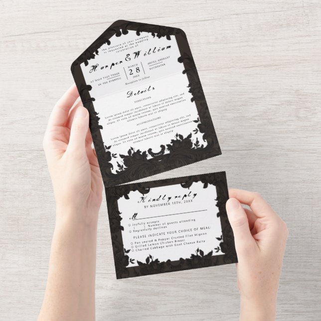 Viktorianischer dunkelbrauner Hochzeitsumschlag All In One Einladung (Abreißen)