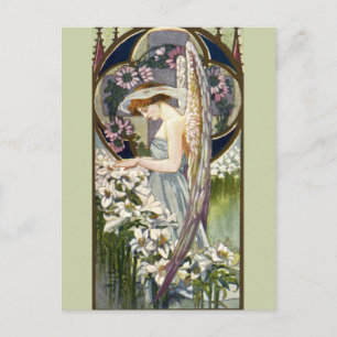 Viktorianischer Engel und Vintage-Osterlilien-Blum Postkarte