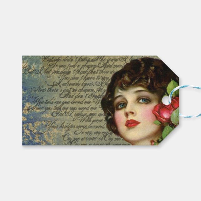 Viktorianischer Glamour Girl mit/Rote Rose Benutze Geschenkanhänger (Vorderseite (Horizontal))