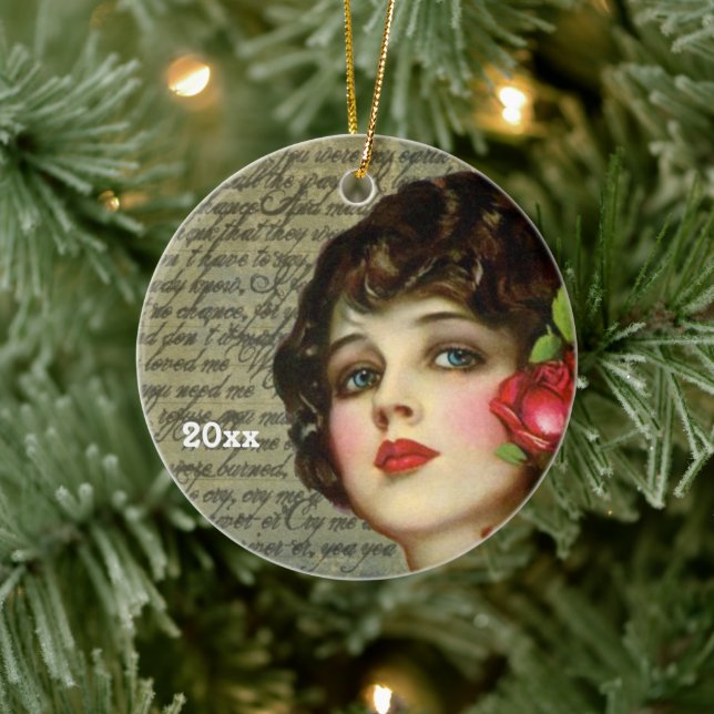 Viktorianischer Glamour Girl mit Rote Rose Keramik Ornament (Baum)