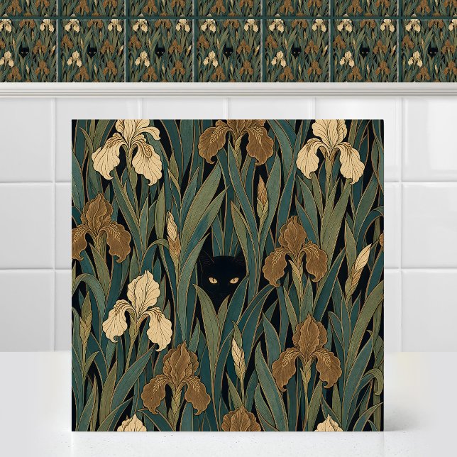 Viktorianischer gotischer schwarzer Katzen-Iris-Bl Fliese (Antique Art Nouveau Pattern Victorian Gothic Black Cat Iris Foliage Tapestry Ceramic Tile)
