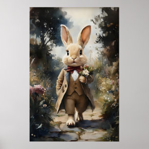 Viktorianischer Hase in Jacke Ein Blumenstrauß Dru Poster