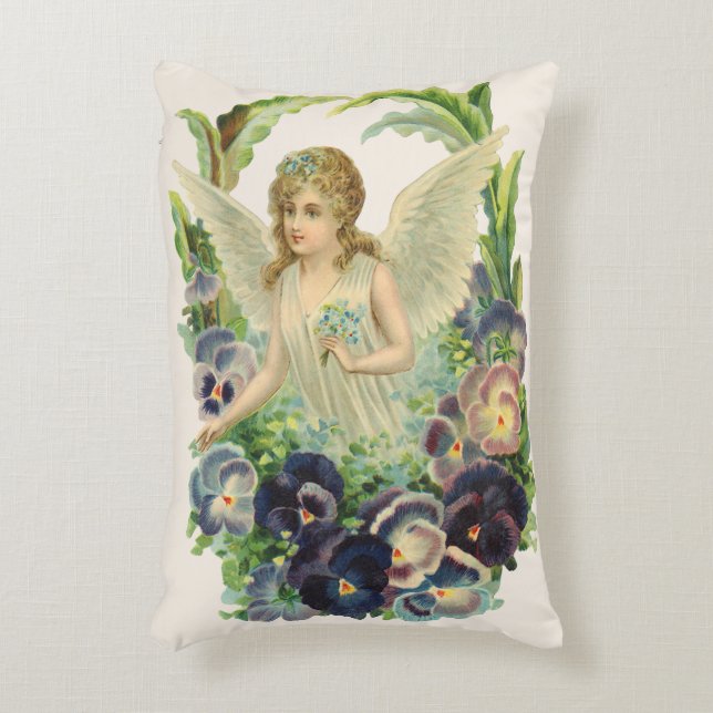 Viktorianischer Osterangel mit Lila Pansy-Blume Dekokissen (Vorderseite(Vertikal))