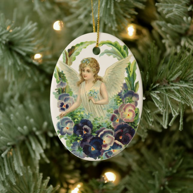 Viktorianischer Osterangel mit Lila Pansy-Blume Keramikornament (Baum)