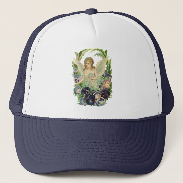 Viktorianischer Osterangel mit Lila Pansy-Blume Truckerkappe (Vorderseite)