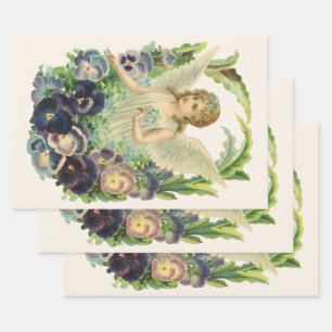 Viktorianischer Osterengel mit violetten Stiefmütt Geschenkpapier Set
