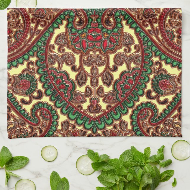 Viktorianischer Paisley-Blumen-Juwel-Ton Rotes Gol Geschirrtuch (Gefaltet)