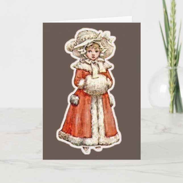 Viktorianischer Papppuppen-Winterbraun-Vintag Karte (Vorderseite)