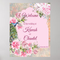 Viktorianischer Pfau und rosa Rosen rosa Hintergru