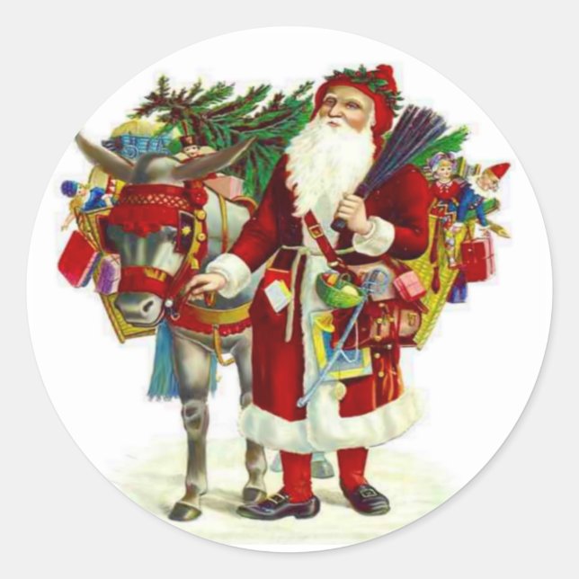 Viktorianischer Santa und Donkey Runder Aufkleber (Vorderseite)