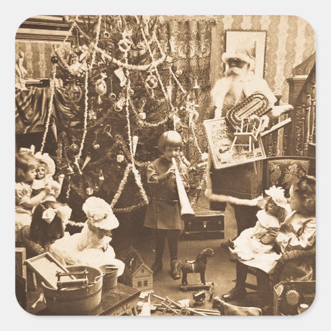 Viktorianischer Santa Vintag Stereoview Sepia Quadratischer Aufkleber (Vorderseite)