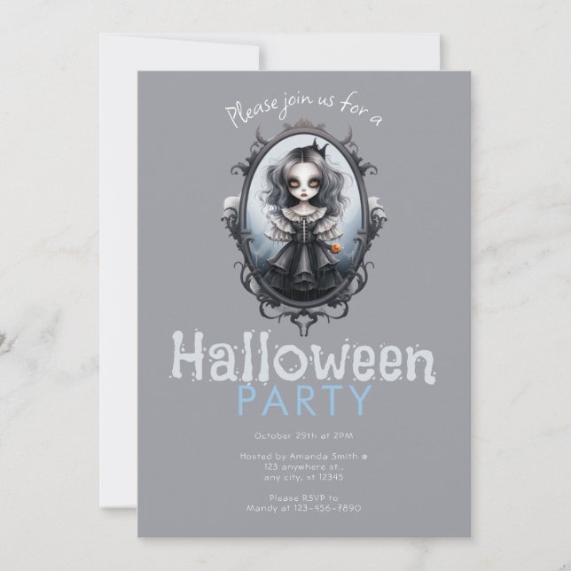 Viktorianischer Spiegel und Gothic Girl Halloween- Einladung (Vorderseite)