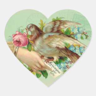 Viktorianischer Valentiner Vogel und Rose Herz-Aufkleber