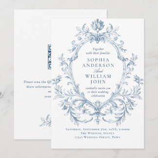 Viktorianischer Verzierter Blumendusty Blue QR Cod Einladung