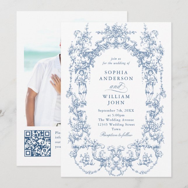 Viktorianischer Verzierter Blumendusty Blue QR Cod Einladung (Vorne/Hinten)