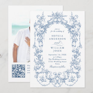 Viktorianischer Verzierter Blumendusty Blue QR Cod Einladung