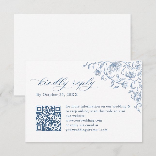 Viktorianischer Verzierter Blumendusty Blue Weddin RSVP Karte (Vorne/Hinten)