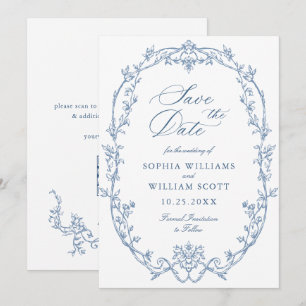 Viktorianischer Verzierter Blumendusty Blue Weddin Save The Date