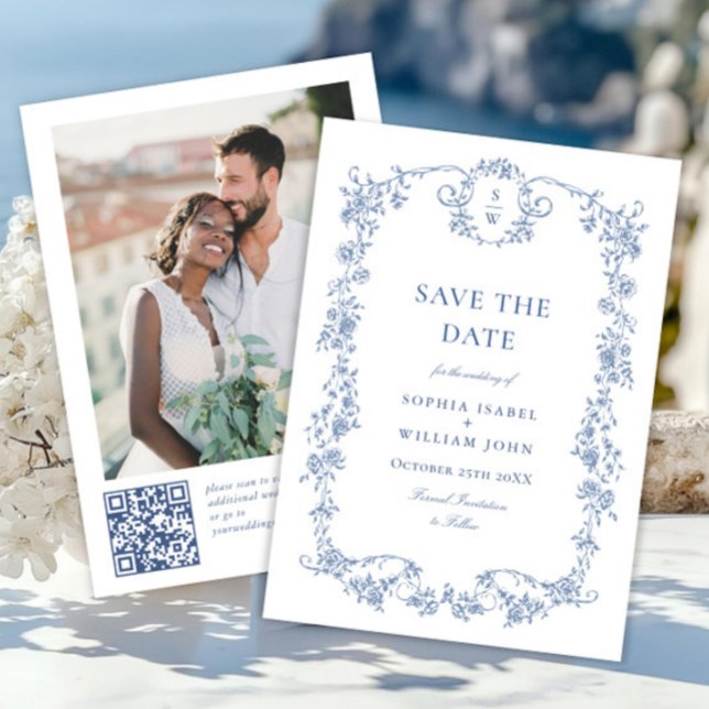 Viktorianischer Verzierter Grace Blue Floral QR Co Save The Date (Von Creator hochgeladen)