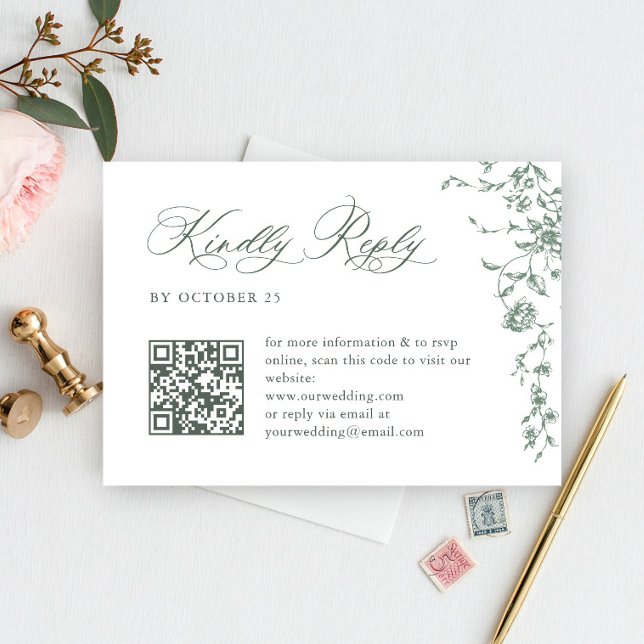 Viktorianischer Verzierter Grace Floral Sage QR Co RSVP Karte (Von Creator hochgeladen)