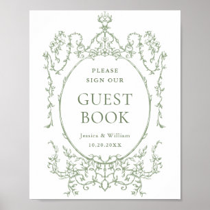 Viktorianischer Verzierter Sage Green Floral Gäste Poster