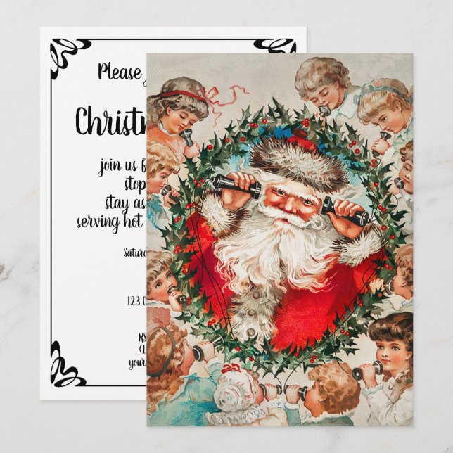 Viktorianischer Weihnachtsmann am Telefon mit Kind Einladung (Vorne/Hinten)