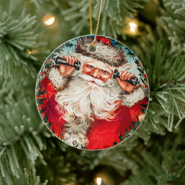 Viktorianischer Weihnachtsmann am Telefon mit Kind Keramik Ornament (Baum)