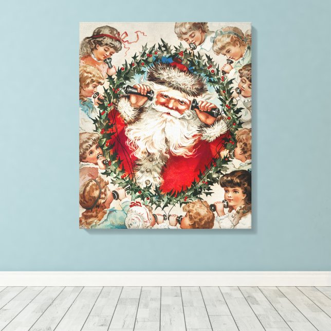 Viktorianischer Weihnachtsmann am Telefon mit Kind Leinwanddruck (Insitu (Holzboden))