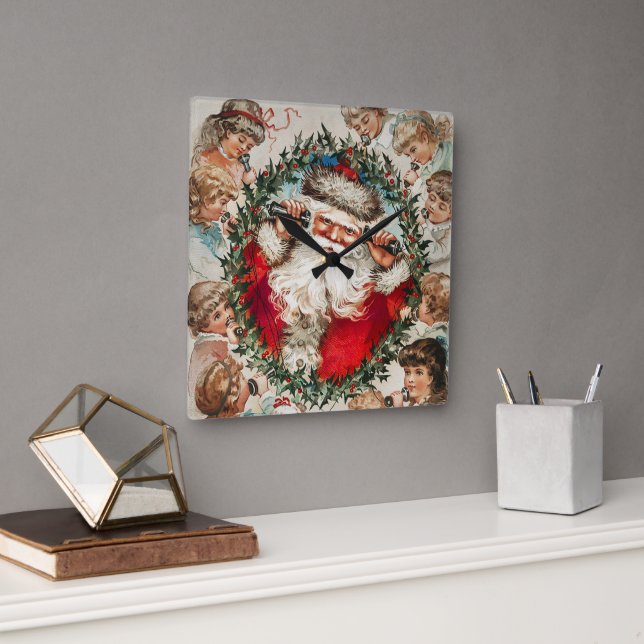 Viktorianischer Weihnachtsmann am Telefon mit Kind Quadratische Wanduhr (Büro)