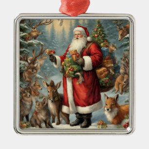 Viktorianischer Weihnachtsmann mit anwesenden Tier Ornament Aus Metall